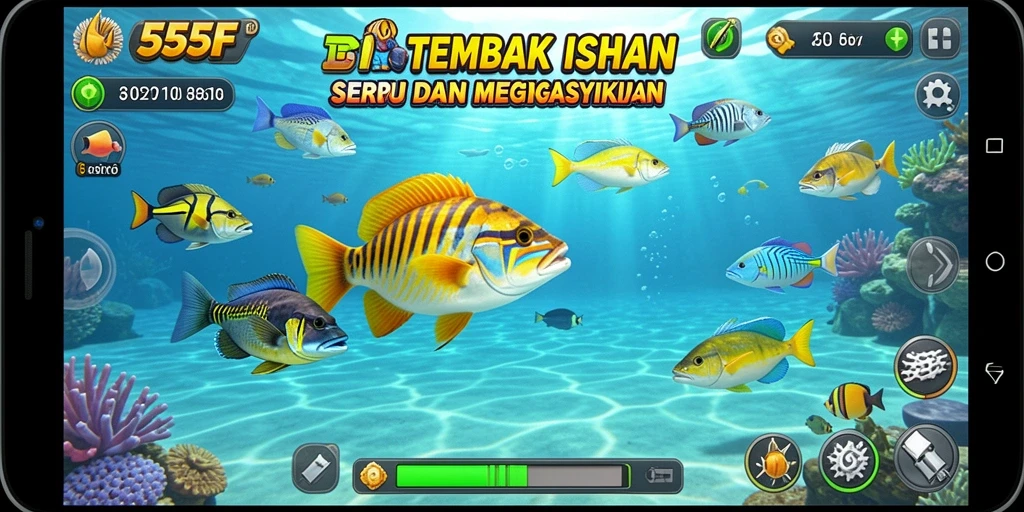 Tampilan gameplay seru di 555F dengan berbagai ikan untuk ditangkap.