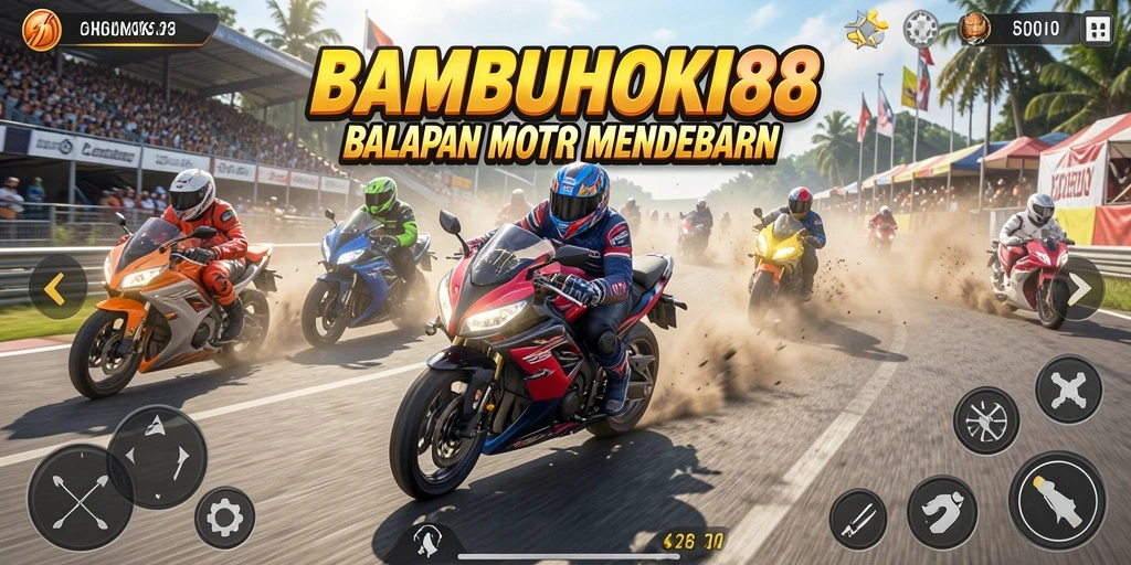 Gameplay seru BAMBUHOKI88 yang menampilkan balapan motor yang cepat.
