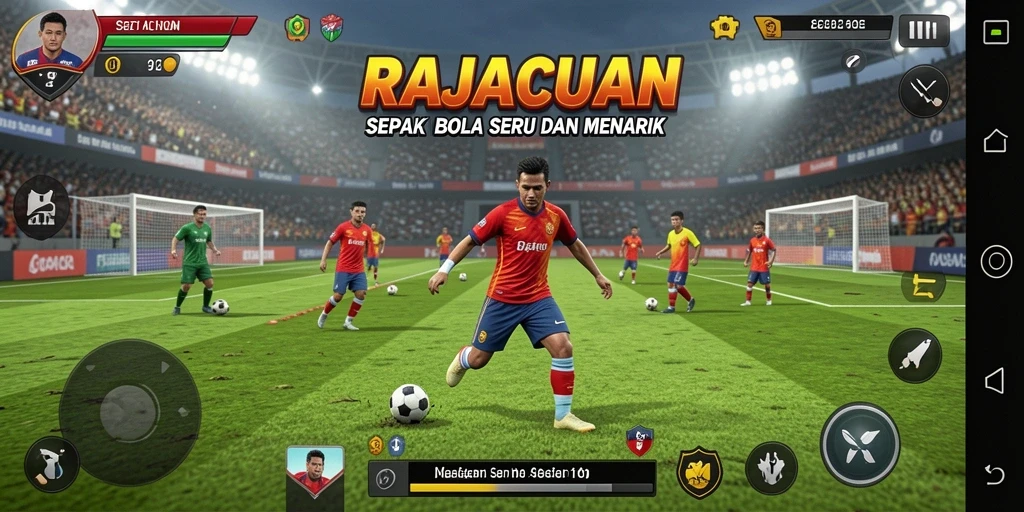 Tampilan gameplay RAJACUAN yang penuh aksi sepak bola.