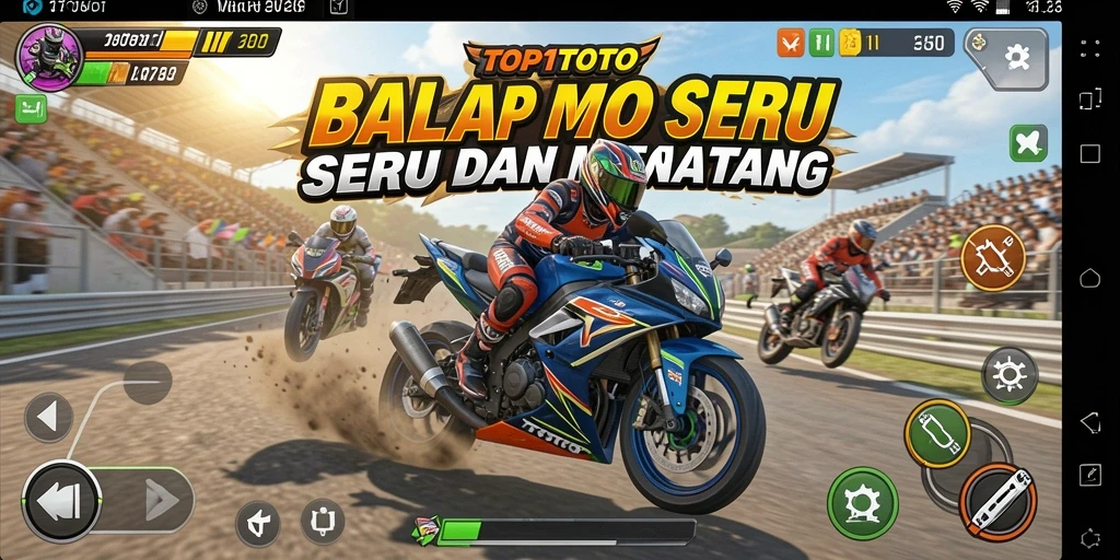 Screenshot gameplay TOP1TOTO dengan balapan motor yang mendebarkan.